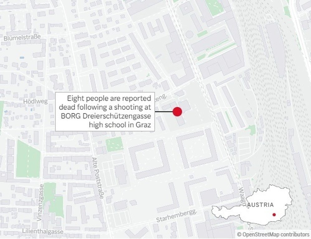 Eight people are reported dead following a shooting at BORG Dreierschützengasse High School in Graz. (AP Graphic)