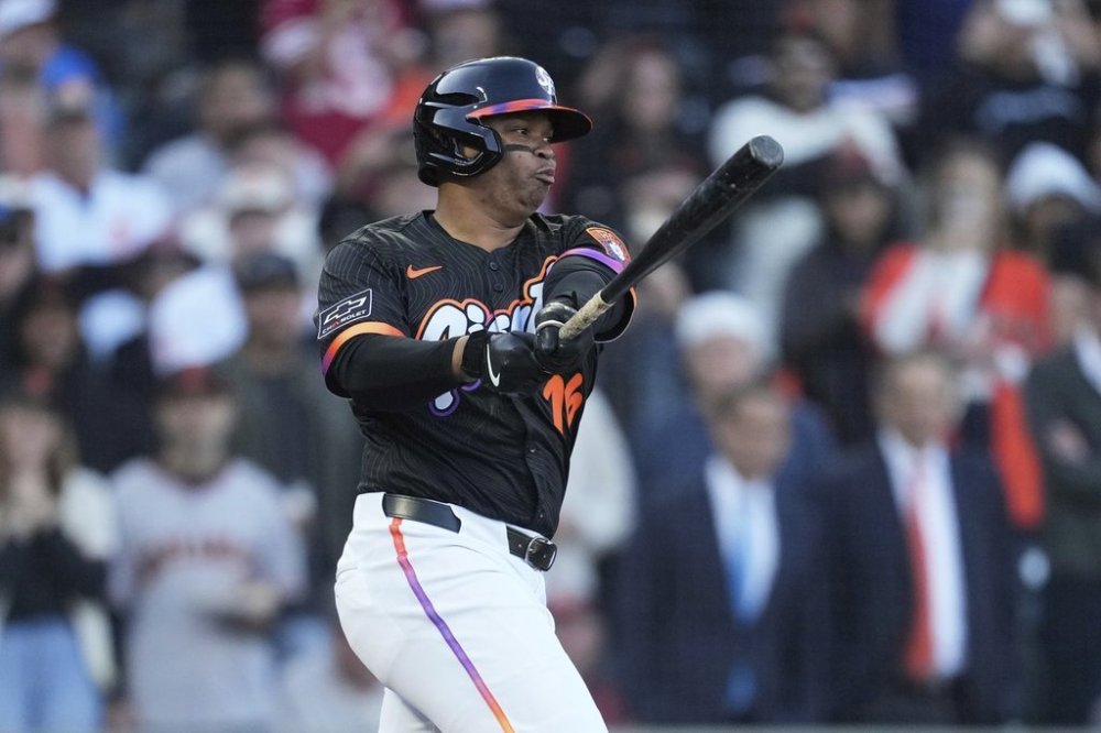 San Francisco Giants' Rafael Devers strikes out against the Cleveland Guardians during the first inning of a baseball game in San Francisco, Tuesday, June 17, 2025. (AP Photo/Jeff Chiu)