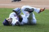 New York Mets pitcher Kodai Senga reacts after an apparent injury during the sixth inning of a baseball game against the Washington Nationals, Thursday, June 12, 2025, in New York. (AP Photo/Pamela Smith)