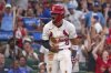 St. Louis Cardinals' Masyn Winn celebrates after scoring from second on a sacrifice fly by Alec Burleson during the fourth inning of a baseball game against the Chicago Cubs Tuesday, June 24, 2025, in St. Louis. (AP Photo/Jeff Roberson)