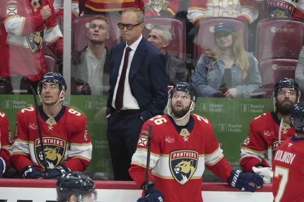 Florida Panthers head coach Paul Maurice reacts during the third period in Game 4 of the NHL hockey Stanley Cup Eastern Conference finals against the Carolina Hurricanes, Monday, May 26, 2025, in Sunrise, Fla. (AP Photo/Lynne Sladky)