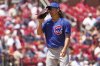 Chicago Cubs starting pitcher Shota Imanaga pauses on the mound during the third inning of a baseball game against the St. Louis Cardinals Thursday, June 26, 2025, in St. Louis. (AP Photo/Jeff Roberson)