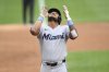 Miami Marlins' Dane Myers celebrates after his home run during the second inning of a baseball game against the Washington Nationals, Sunday, June 15, 2025, in Washington. (AP Photo/Nick Wass)