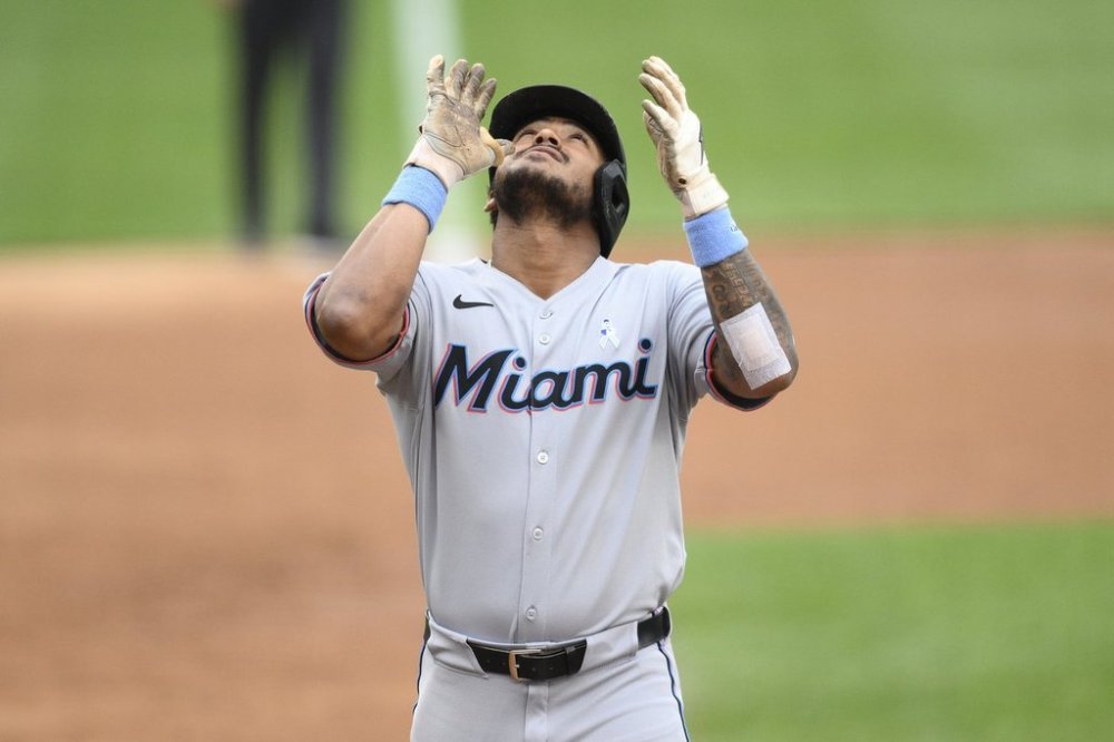 Miami Marlins' Dane Myers celebrates after his home run during the second inning of a baseball game against the Washington Nationals, Sunday, June 15, 2025, in Washington. (AP Photo/Nick Wass)