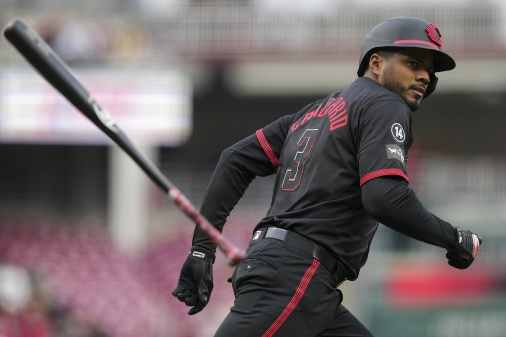 FILE - Cincinnati Reds' Jeimer Candelario reacts after hitting a home run during a baseball game against the Pittsburgh Pirates, April 11, 2025, in Cincinnati. (AP Photo/Jeff Dean, File)