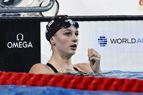 FILE - Summer McIntosh of Canada reacts after competing in the Women's 200m Butterfly Heats on day three of the World Short Course Swimming Championships in Budapest, Hungary, Thursday, Dec. 12, 2024. (AP Photo/Denes Erdos, file)