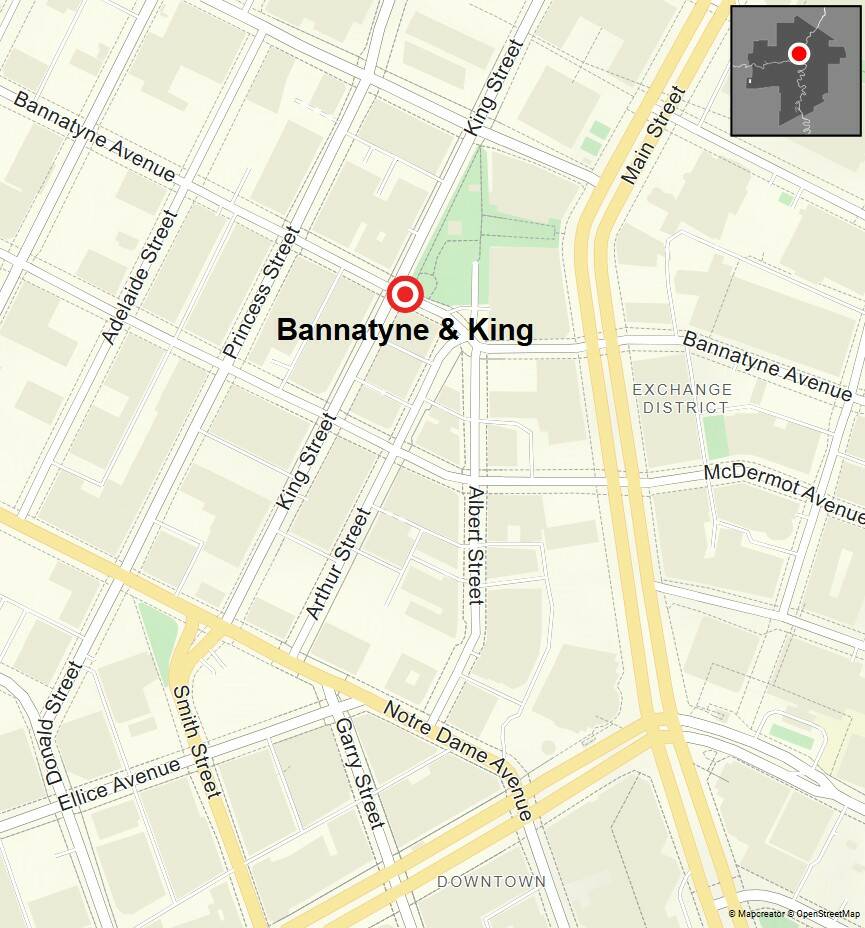 Traffic signals at the King Street and Bannatyne Avenue intersection stop motor vehicles in all directions once per cycle allowing pedestrians to cross in any direction, except diagonally.