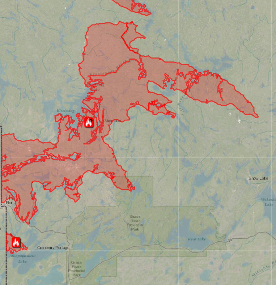 Manitoba Conservation
                                A provincial map shows the extent of the fire near Flin Flon (at lower left) on June 5, 2025.