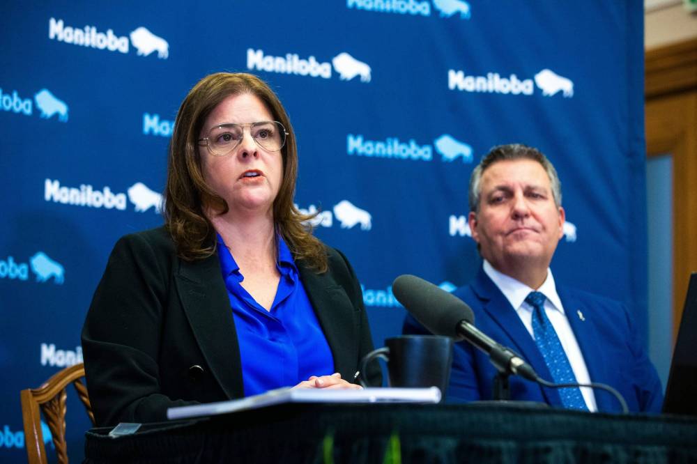 MIKAELA MACKENZIE / WINNIPEG FREE PRESS
Then-premier Heather Stefanson and finance minister Cliff Cullen announce the 2023 budget to media. Columnist Deveryn Ross says it’s time to have an independent commission examine PC spending decisions.