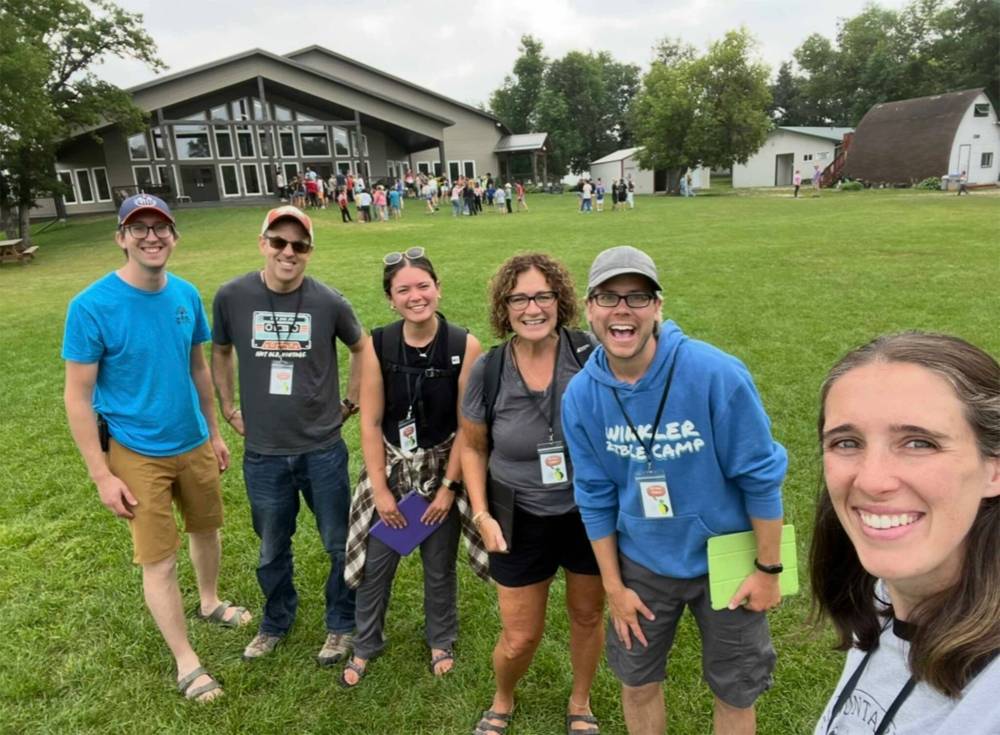 SUPPLIED
At Turtle Mountain Bible Camp, from left: Daniel Zylstra (co-executive director, TMBC), Dan Ingram (executive director Circle Square Ranch), Kayla Yakielashek (community outreach coordinator, MCA), Kim Scherger (executive director, MCA), Steve Klassen (assistant executive director), Chelsie Zylstra (co-executive director, TMBC)