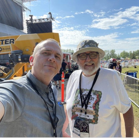 Filmmaker Kevin Nikkel (left) with collaborator John Prentice. (Supplied)
