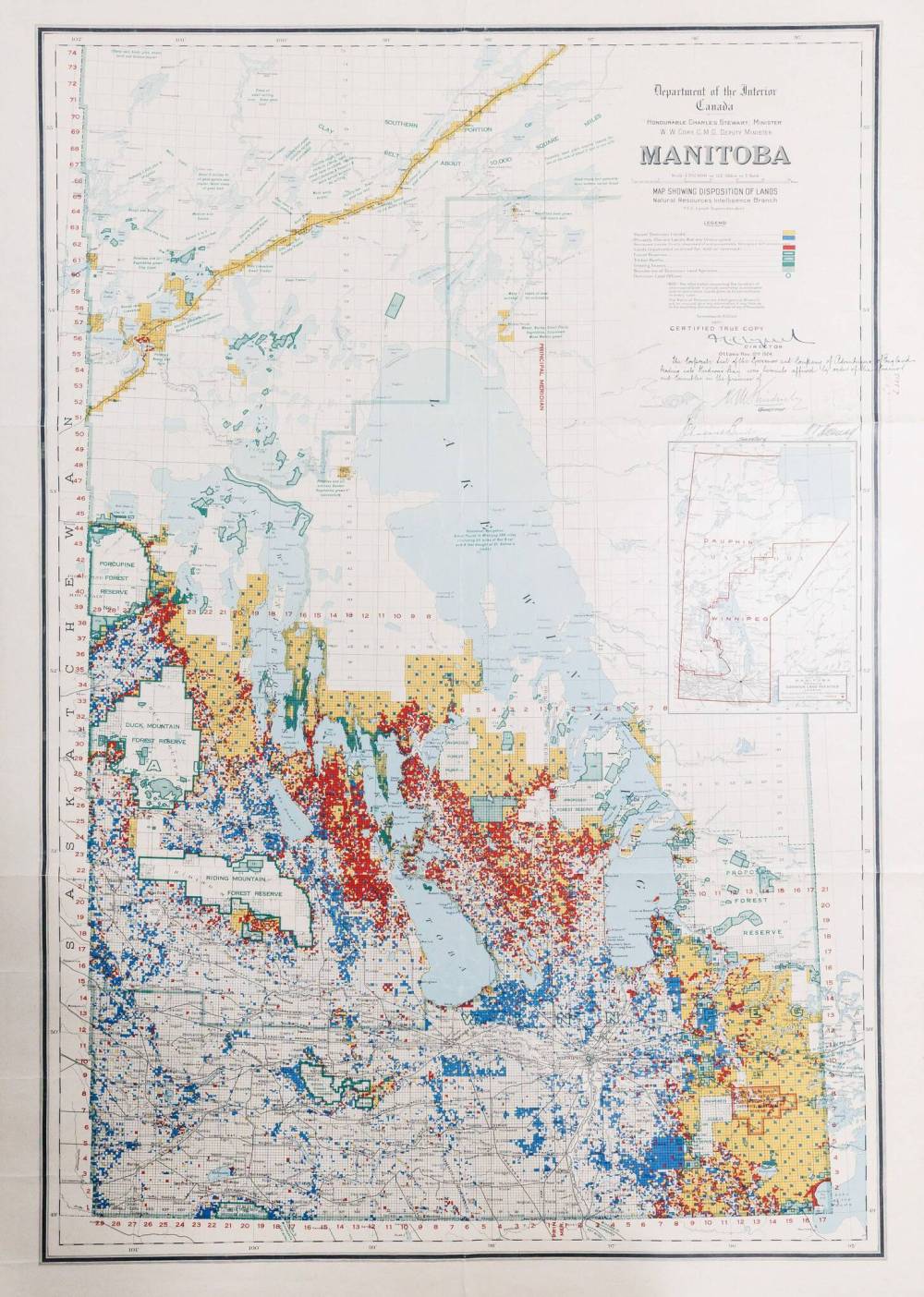 MIKE DEAL / FREE PRESS
A map of Manitoba from 1921 showing the disposition of lands in the Hudson’s Bay Company Archives.
