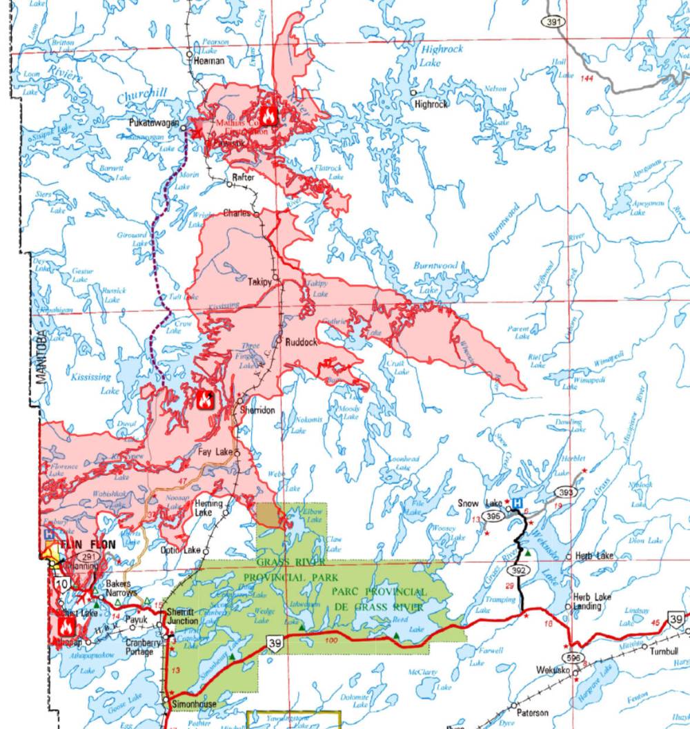 MANITOBA CONSERVATION
Two fires, one near Sherridon and the other encroaching on Mathias Colomb Cree Nation (Pukatawagan), are so close they may merge.