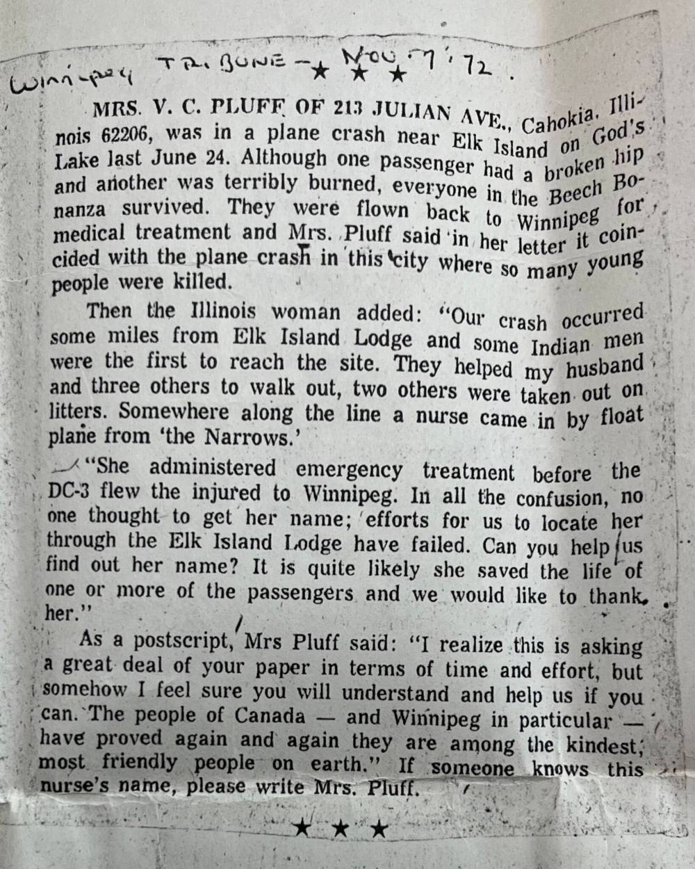 SUPPLIED
A copy of a letter sent to the Winnipeg Tribune in 1972 asking for help finding the identity of a nurse who helped save lives during
a plane crash near Gods Lake Narrows. The
nurse turned out to be Janet.
