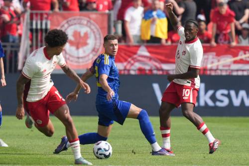 Chris Young / THE CANADIAN PRESS FILES
                                Canada’s Jonathan David (right) plays a ball through to Tajon Buchanan (left) during the team’s match against Ukraine at the inaugural Canadian Shield. The tournament gave Canada head coach Jesse Marsch ample opportunity to explore his squad depth before the Gold Cup.