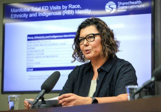 Dr. Marcia Anderson, vice-dean of Indigenous Health at the University of Manitoba’s Rady Faculty of Health Sciences, discusses findings of race and equity in the health-care system data at the Legislative Building, Tuesday. (Ruth Bonneville / Free Press)