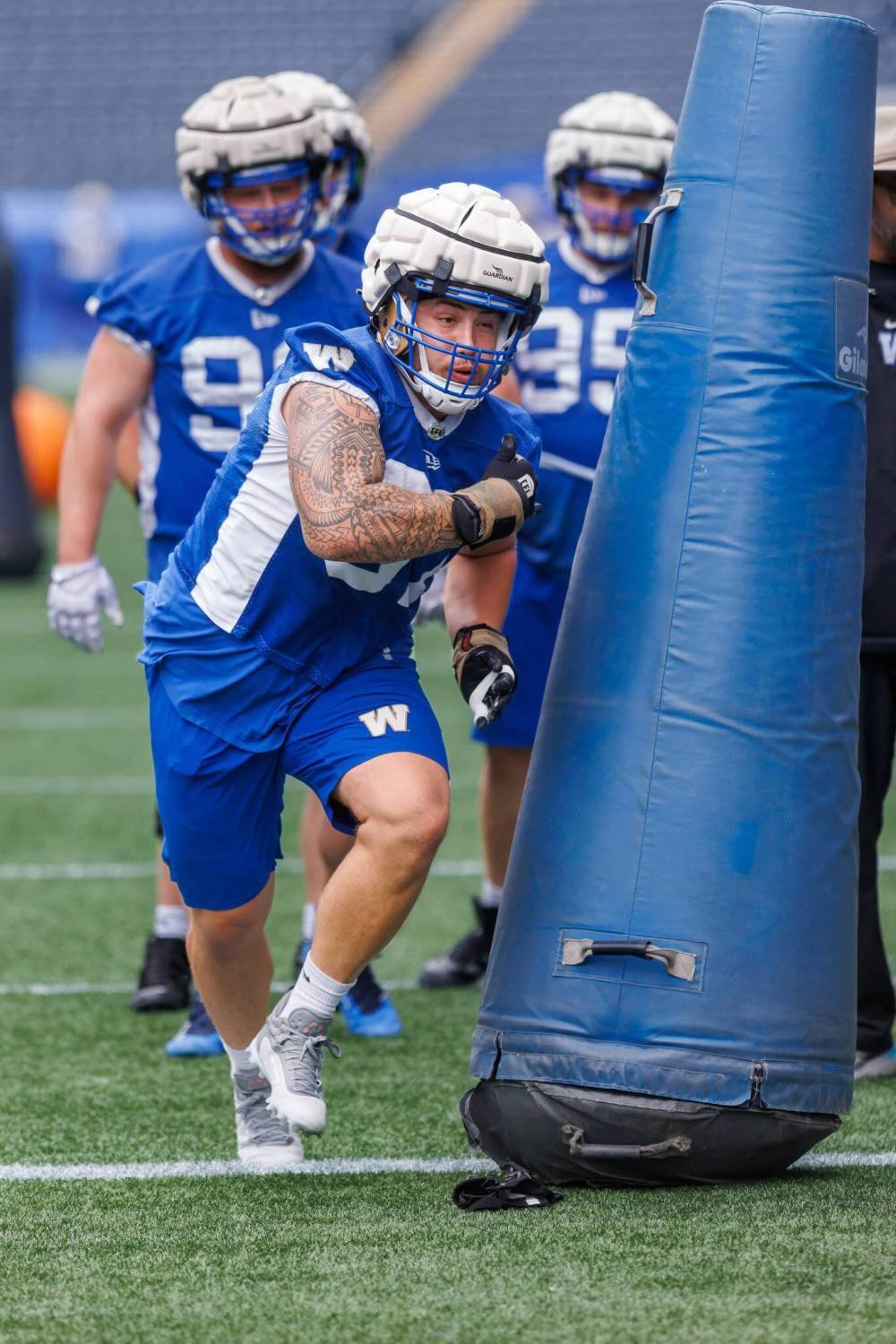 MIKE DEAL / FREE PRESS
Winnipeg Blue Bombers’ Collin Kornelson during practice at Princess Auto Stadium. The first-year defensive tackle was chosen by the Bombers in the fifth round of the 2023 CFL Draft.