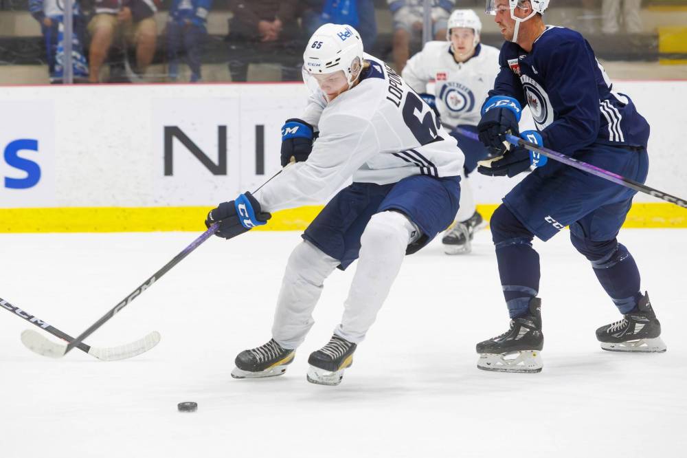 MIKE DEAL / FREE PRESS FILES
Players hit the ice during the first day of the 2024 Winnipeg Jets development camp at the Hockey for All Centre. This year’s summer development camp starts Monday.