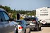 MIKAELA MACKENZIE / FREE PRESS Cars line up to get back into Flin Flon on Highway 10 just before 9 a.m. Wednesday.