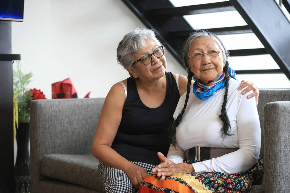 RUTH BONNEVILLE / FREE PRESS
                                Local Evacuees Helen Bighetty and her mother, Theresa Bighetty, from Mathias Colomb Cree Nation, look forward to when they can go home.