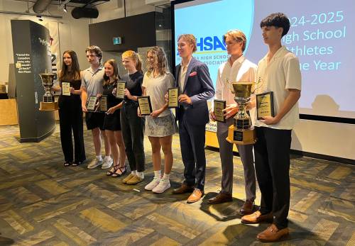 ZOE PIERCE / FREE PRESS
                                Awards for the Manitoba High Schools Athletic Association A, AA and AAA levels were announced on Wednesday at the Manitoba Sports Hall of Fame. From left: Payton Durand, Chael Rozdeba, Ky Solomon, Colby Darragh, Shannon Bodnarus, Kai Gaudet, Junior Martine, Magnus Carlos.