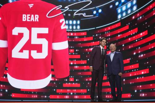 Damian Dovarganes / The Associated Press
                                Carter Bear (left) stands with NHL commissioner Gary Bettman Friday at the NHL Draft in Los Angeles. ‘I’m proud of where I’m from — my community and my Indigenous background,’ Bear said after being drafted.