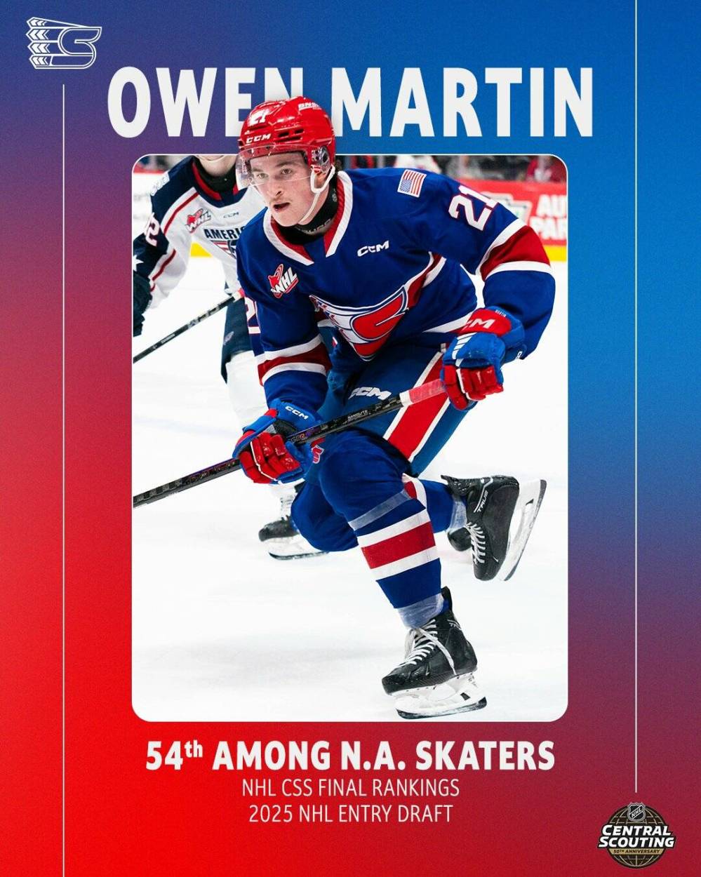 NHL Central Scouting has Oakbank’s Owen Martin ranked as the 54th best North American Skater available this year in the draft. (Spokane Chiefs)