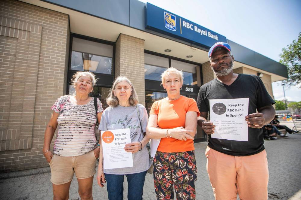 MIKAELA MACKENZIE / FREE PRESS
                                Concerned residents Ella (from left), Lynne Somerville, Cheryl Martens and Ralph Bryant are fighting to keep the RBC location at 588 Sargent Ave. open.