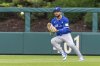 Toronto Blue Jays' Jonatan Clase runs down a single hut by Philadelphia Phillies' Weston Wilson during the eighth inning of a baseball game, Sunday, June 15, 2025, in Philadelphia. (AP Photo/Laurence Kesterson)