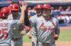 St. Louis Cardinals' Thomas Saggese, left, congratulates Nolan Gorman after his three- run home run off Cleveland Guardians starting pitcher Logan Allen during the first inning of a baseball game, Sunday, June 29, 2025, in Cleveland. (AP Photo/Phil Long)