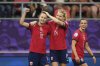 Norway's Caroline Graham, left, celebrates with Ada Hegerberg after scoring her side's second goal during the Euro 2025, group A, soccer match between Norway and Finland at Stade de Tourbillon in Sion, Switzerland, Sunday, July 6, 2025. (AP Photo/Alessandra Tarantino)