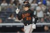 Baltimore Orioles' Ramón Urías gestures as he runs the bases after hitting a home run during the eighth inning of a baseball game against the New York Yankees Friday, June 20, 2025, in New York. (AP Photo/Frank Franklin II)