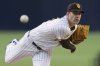 San Diego Padres pitcher Ryan Bergert works against a Washington Nationals batter during the first inning of a baseball game Tuesday, June 24, 2025, in San Diego. (AP Photo/Gregory Bull)