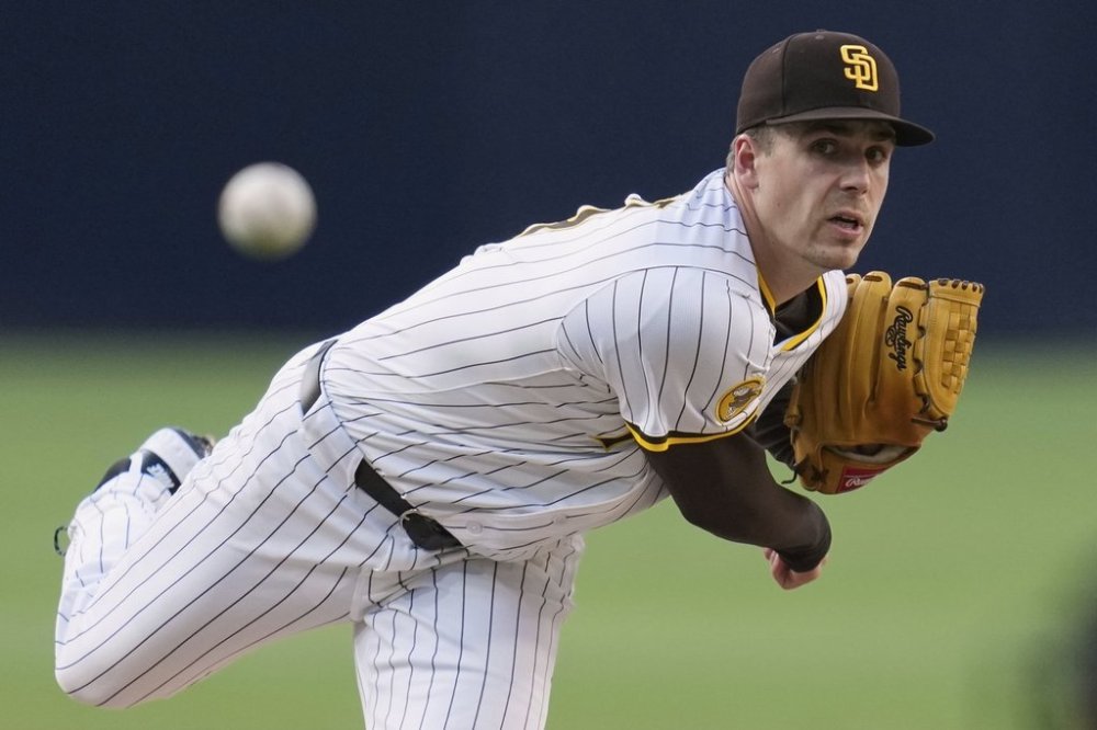 San Diego Padres pitcher Ryan Bergert works against a Washington Nationals batter during the first inning of a baseball game Tuesday, June 24, 2025, in San Diego. (AP Photo/Gregory Bull)