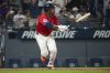 Cleveland Guardians' Jose Ramirez watches his game-winning single off Toronto Blue Jays relief pitcher Mason Fluharty during the 10th inning of a baseball game, Wednesday, June 25, 2025, in Cleveland. (AP Photo/Phil Long)