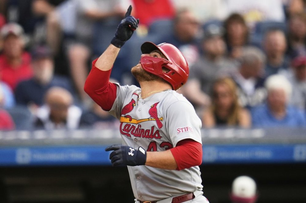 St. Louis Cardinals' Pedro Pagés gestures as he runs to home plate with a home run in the third inning of a baseball game against the Cleveland Guardians in Cleveland, Friday, June 27, 2025. (AP Photo/Sue Ogrocki)