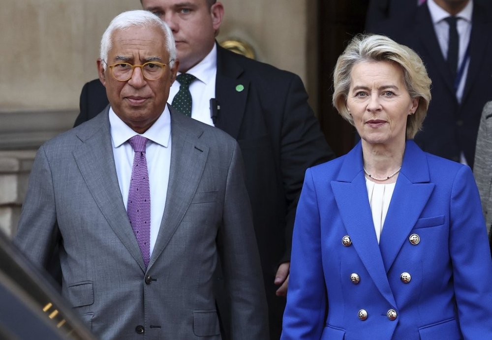 European Commission President Ursula von der Leyen and European Council President Antonio Costa, left, attend a United Kingdom and European Union summit at Lancaster House in London on Monday, May 19, 2025. (Henry Nicholls/Pool Photo via AP)