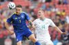 Ukraine's Oleksii Hutsuliak (7) competes for the ball with New Zealand's Finn Surman (14) during first half Canadian Shield Tournament action, in Toronto, on Tuesday June 10, 2025. THE CANADIAN PRESS/Chris Young