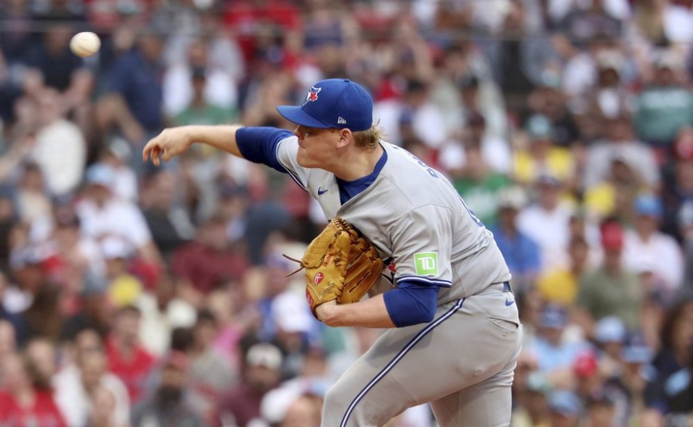 Toronto Blue Jays pitcher Paxton Schultz throws during the sixth inning of a baseball game against the Boston Red Sox, Saturday, June 28, 2025, in Boston. (AP Photo/Mark Stockwell)