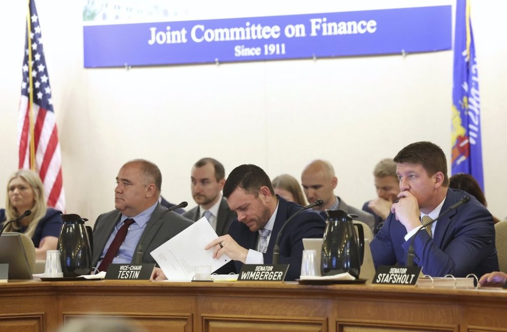 Sen. Patrick Testin, R-Stevens Point, center, and Sen. Eric Wimberger, R-Oconto, right, during a Joint Finance Committee hearing at the state Capitol in Madison, Wis. Tuesday, July 1, 2025. (Amber Arnold /Wisconsin State Journal via AP)