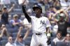 New York Yankees' Jazz Chisholm Jr. reacts after hitting a three-run scoring triple during the third inning of a baseball game against the Athletics, Sunday, June 29, 2025, in New York. (AP Photo/Adam Hunger)