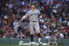 New York Yankees outfielder Aaron Judge reacts after he struck out swinging in the third inning of a baseball game against the Boston Red Sox, Saturday, June 14, 2025, in Boston. (AP Photo/Steven Senne)