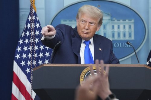 President Donald Trump points to a reporter to take a question as he speaks to the media, Friday, June 27, 2025, in the briefing room of the White House in Washington. (AP Photo/Jacquelyn Martin)