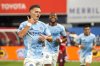 New York City FC forward Hannes Wolf (left) celebrates his goal against Toronto FC, during the first half of an MLS soccer match on Thursday, July 3, 2025, in New York. THE CANADIAN PRESS/AP, Eduardo Munoz Alvarez