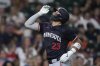 Minnesota Twins' Royce Lewis celebrates after hitting a solo home run during the sixth inning of a baseball game against the Houston Astros, Friday, June 13, 2025, in Houston. (AP Photo/Kevin M. Cox)