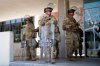National Guard stand guard near the metropolitan detention center Monday, June 9, 2025, in downtown Los Angeles. (AP Photo/Eric Thayer)
