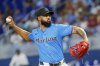 Miami Marlins starting pitcher Sandy Alcantara throws during the first inning of a baseball game against the Atlanta Braves, Sunday, June 22, 2025, in Miami. (AP Photo/Chris Arjoon)