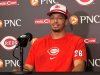 Cincinnati Reds pitcher Chase Burns speaks to the media at Great American Ball Park before a game against the New York Yankees, Monday, June 23, 2025, in Cincinnati, Ohio. (AP Photo/Joe Reedy)