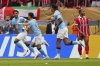 Manchester City players celebrate opening goal by Phil Foden, center, during the Club World Cup group G soccer match between Manchester City and Wydad AC in Philadelphia, Wednesday, June 18, 2025. (AP Photo/Derik Hamilton)