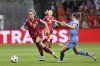 Germany's Giulia Gwinn, left, controls the ball as the Netherlands' Romée Leuchter challenges during a UEFA Women's Nations League soccer match against the Netherlands, Friday, May 30, 2025, in Bremen, Germany. (Carmen Jaspersen/dpa via AP)